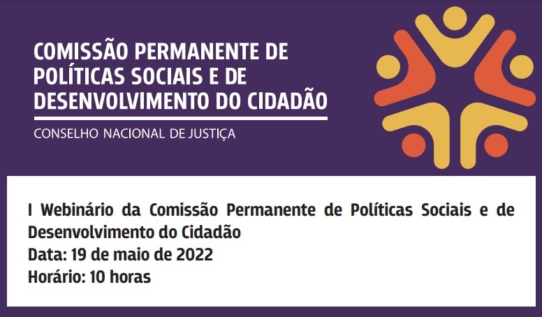 Banner com fundo roxo contendo as informações do I Webinário da Comissão Permanente de Políticas Sociais e de Desenvolvimento do Cidadão